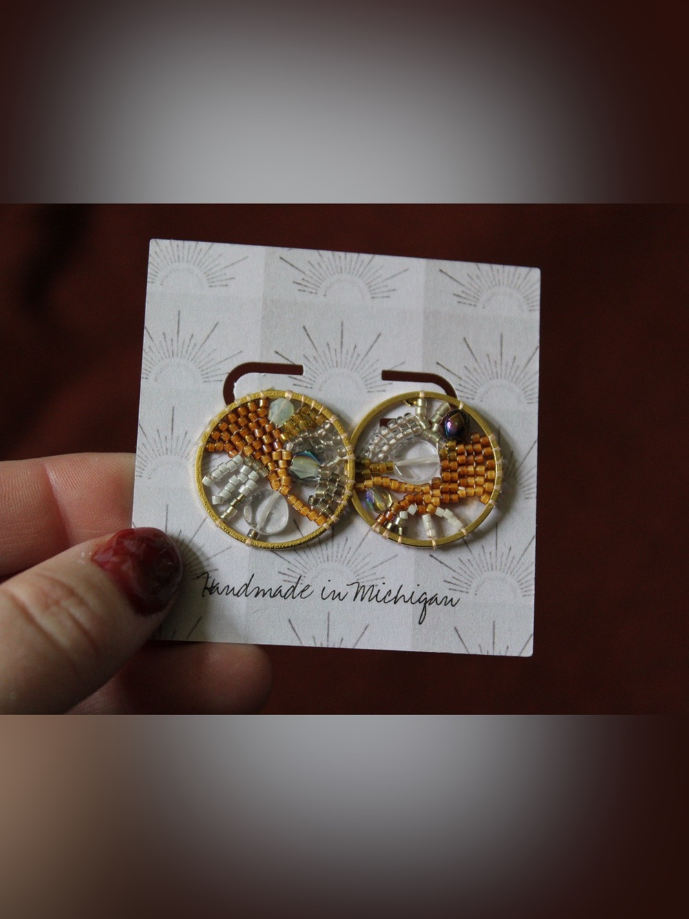 Gold-Plated Circle Earrings with Amber & Iridescent Beads, Pearl, and gemstones.